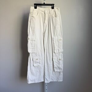 Gracia Womens Beige Wide Leg High Rise Cargo Pants Cotton Utility‎ Trousers